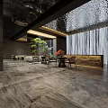 Modern Luxury Clubhouse Interior With Water-like Ceiling Wooden Accents Green Plants And Gray Stone Flooring