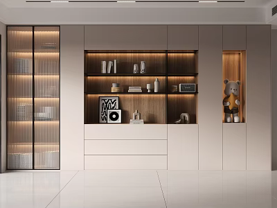 Modern Bookshelf Design With Lighted Shelves Glass Doors Storage Drawers And Decor 3d model