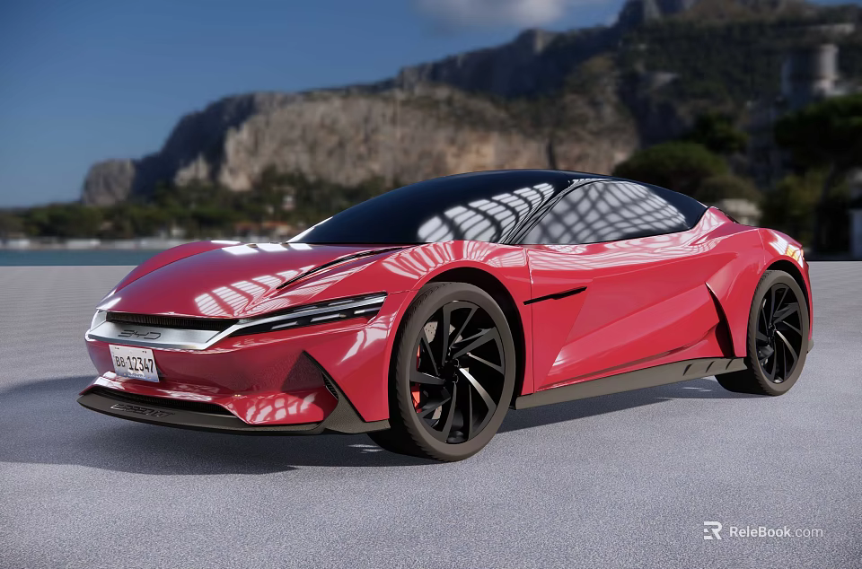 Red Sleek Modern Sports Car On Outdoor Road With Mountain And Blue Sky View 3d model 
