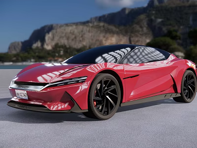 Red Sleek Modern Sports Car On Outdoor Road With Mountain And Blue Sky View 3d model