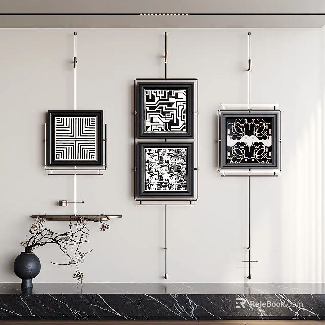 Modern Interior With Black White Geometric Wall Art And Vase With Branches 3d model 