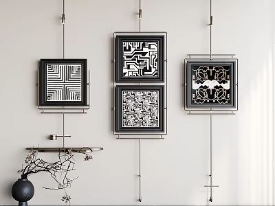 Modern Interior With Black White Geometric Wall Art And Vase With Branches 3d model