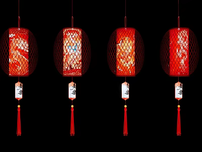 Four Red Lanterns With Netted Decoration Red Tassels And White Tags 3d model