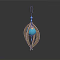 Golden Leaf Shaped Earring With Blue Spherical Bead And Decorative Details