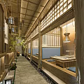 Japanese Restaurant Interior With Wooden Structure Lattice Windows Tatami Seating And Lantern Pendant Lights