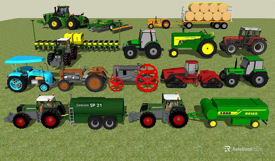 Various Agricultural Function Vehicles Display On Lawn 3d model 