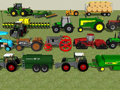 Various Agricultural Function Vehicles Display On Lawn 3d model