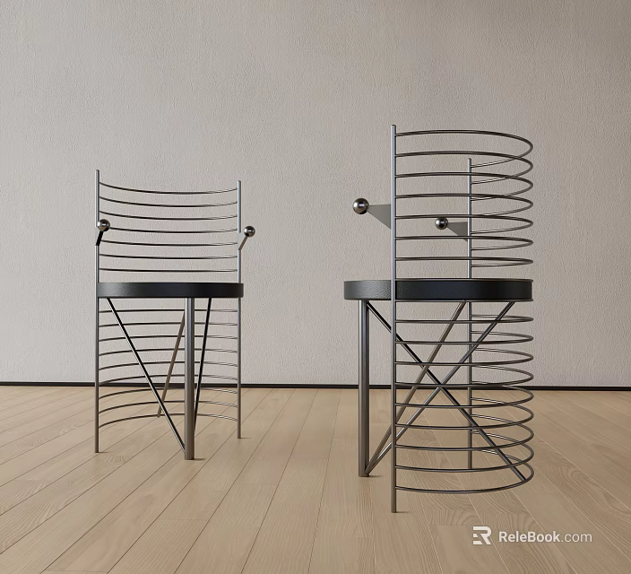 Modern Dining Chairs With Spiral Metal Frame And Black Seats On Wooden Floor 3d model 