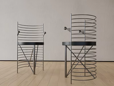 Modern Dining Chairs With Spiral Metal Frame And Black Seats On Wooden Floor 3d model