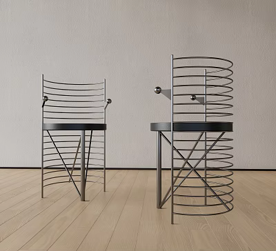 Modern Dining Chairs With Spiral Metal Frame And Black Seats On Wooden Floor 3d model