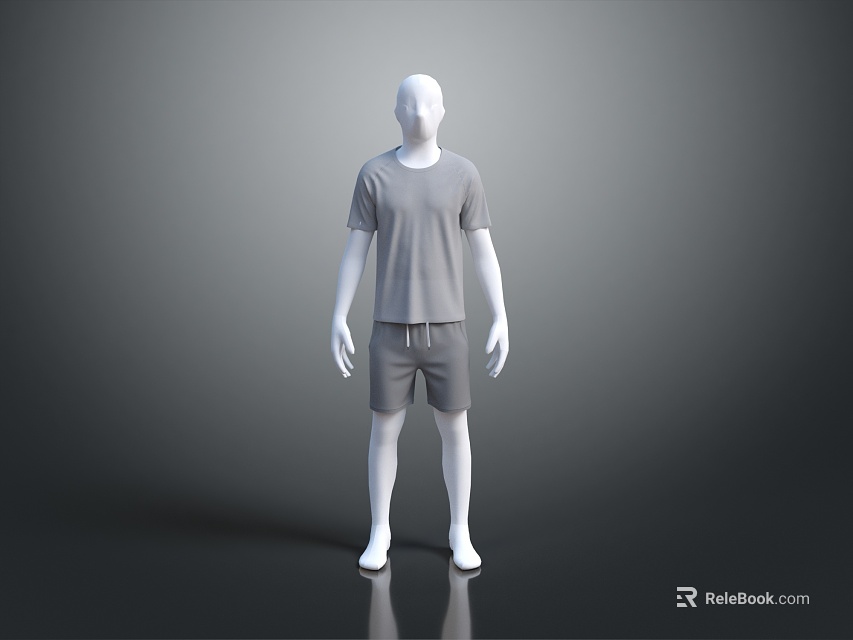 White Mannequin Wearing Gray T-Shirt And Gray Shorts Standing On Black Floor With Gray Background 3d model 