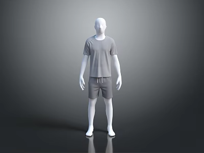White Mannequin Wearing Gray T-Shirt And Gray Shorts Standing On Black Floor With Gray Background 3d model
