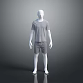 White Mannequin Wearing Gray T-Shirt And Gray Shorts Standing On Black Floor With Gray Background