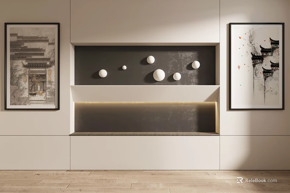 Modern Interior Display Cabinet With White Circular Decorations Artwork And Light Wooden Flooring 3d model 
