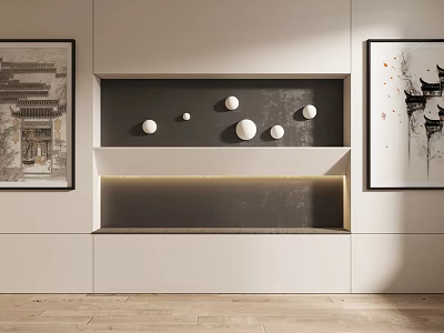 Modern Interior Display Cabinet With White Circular Decorations Artwork And Light Wooden Flooring 3d model