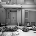 Modern Courtyard Garden With Wooden Entrance Outdoor Lights Stone Pathway And Landscaped Plants