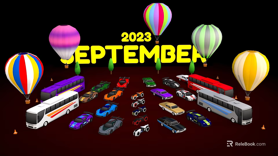 2023 September Various Vehicles Including Cars Buses Motorcycles With Hot Air Balloons 3d model 