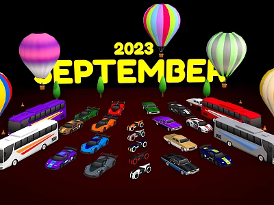 2023 September Various Vehicles Including Cars Buses Motorcycles With Hot Air Balloons 3d model