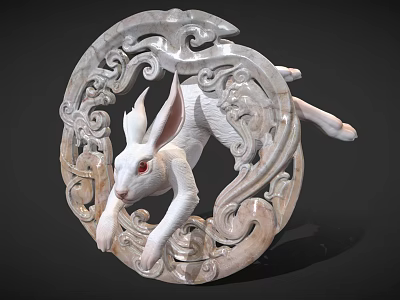 Decorative Circular Rabbit Animal Wall Decor With Carved Jade Like Patterns For Home Decor 3d model