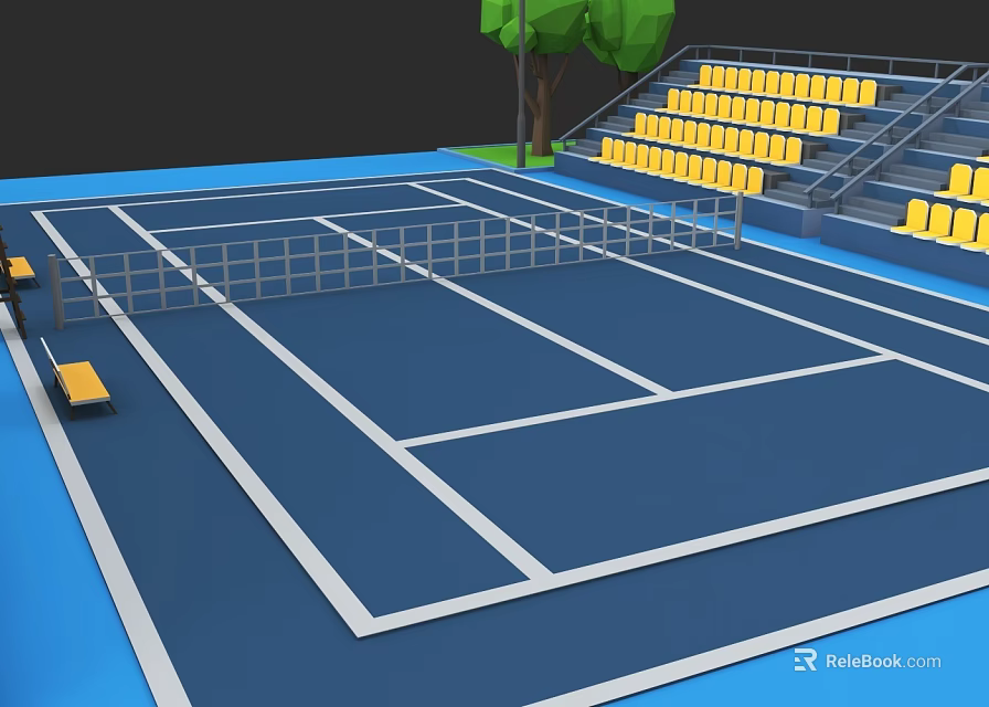 Blue Tennis Court With White Lines Yellow Seats Green Tree And Bench 3d model 