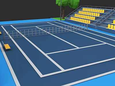 Blue Tennis Court With White Lines Yellow Seats Green Tree And Bench 3d model
