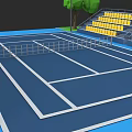 Blue Tennis Court With White Lines Yellow Seats Green Tree And Bench