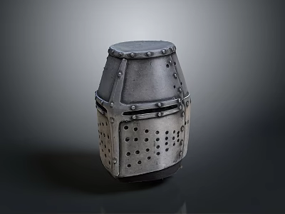 Medieval Metal Helmet Sculpture With Riveted Details And Perforated Face Design 3d model