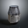 Medieval Metal Helmet Sculpture With Riveted Details And Perforated Face Design