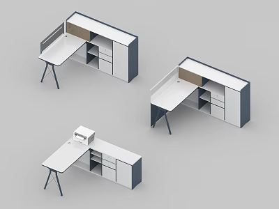 Modern Office Desk With White Tabletop Black Legs Drawers And Cabinets 3d model