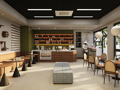 Modern Milk Tea Shop Interior With Wooden Counter Shelves And Cozy Seating Area 3d model
