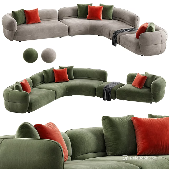 Comfortable Green Sectional Sofa With Red Cushions And Gray Throw Blanket 3d model 