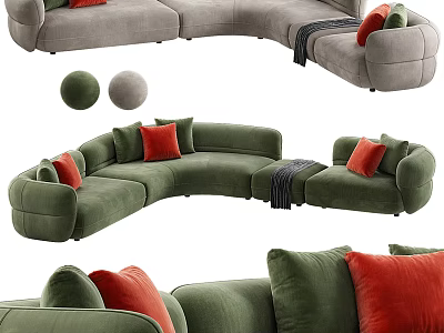 Comfortable Green Sectional Sofa With Red Cushions And Gray Throw Blanket 3d model