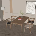 Modern Wooden Dining Table Set With Four Chairs Vase And Abstract Painting