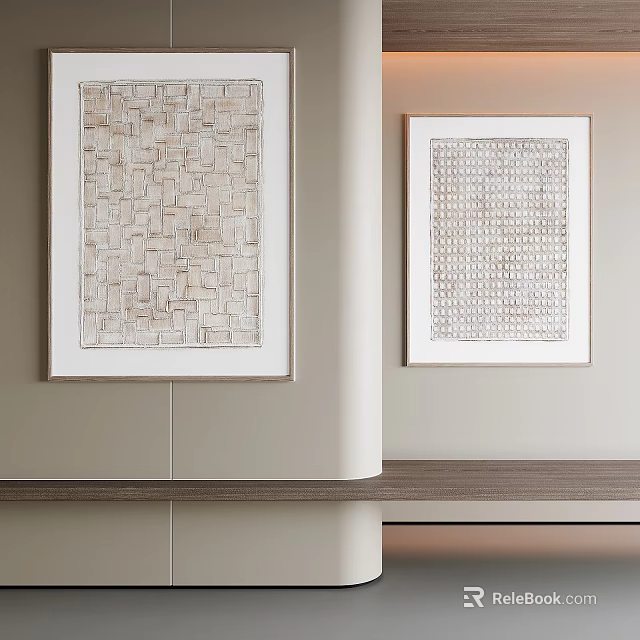 Textured Decorative Paintings Hanging On Light Colored Wall With Wooden Countertop 3d model 