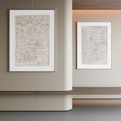 Textured Decorative Paintings Hanging On Light Colored Wall With Wooden Countertop 3d model