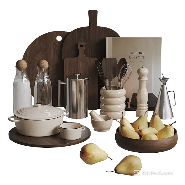 Essential Kitchen Utensils Featuring Wooden Cutting Boards Glass Bottles Metal Tools Ceramic Pot Small Bowls 3d model 