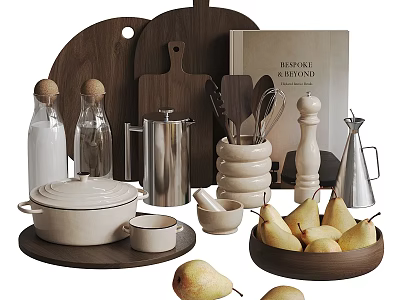 Essential Kitchen Utensils Featuring Wooden Cutting Boards Glass Bottles Metal Tools Ceramic Pot Small Bowls 3d model