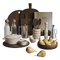 Essential Kitchen Utensils Featuring Wooden Cutting Boards Glass Bottles Metal Tools Ceramic Pot Small Bowls