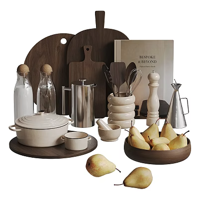 Essential Kitchen Utensils Featuring Wooden Cutting Boards Glass Bottles Metal Tools Ceramic Pot Small Bowls 3d model