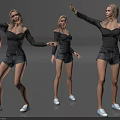 Woman 3D Model in Different Poses Wearing Black Off Shoulder Top Denim Shorts White Sneakers