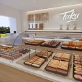 Modern Dessert Shop Interior With Open Kitchen Pastry Displays Wooden Tables And Bright Lighting