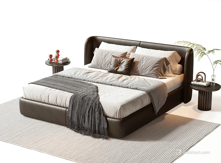 Modern Double Bed With Curved Leather Headboard Multiple Pillows And Round Nightstands 3d model 