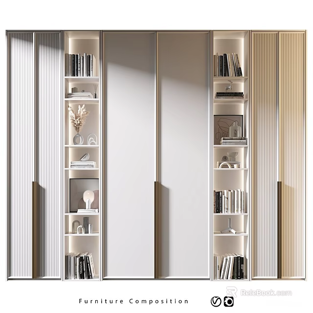 Modern Decorative Cabinet With Open Shelves Books And Warm Lighting Design 3d model 