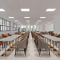 Modern Dining Hall Interior With Long Tables Orange Chairs And Large Windows 3d model