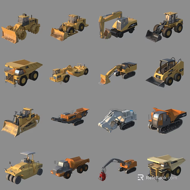 Various Construction Utility Vehicles Including Bulldozers Loaders Excavators and Dump Trucks 3d model 