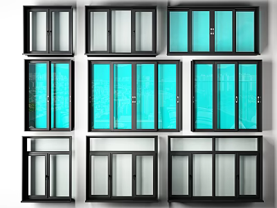 Modern Casement Windows With Multiple Designs Black Frames Blue Tinted And Clear Glass 3d model
