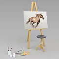 Wooden Art Easel Displaying Running Horse Painting with Stool Palette and Brushes