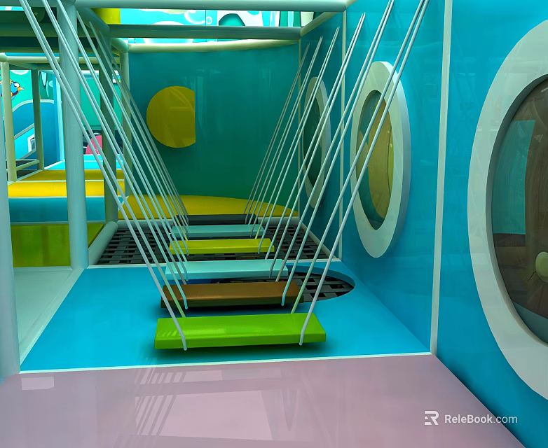 Vibrant Indoor Landscape Sculpture With Blue Walls Circular Windows And Colorful Suspended Platforms 3d model 