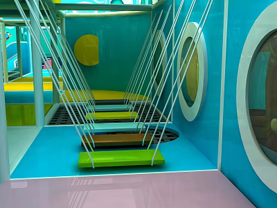 Vibrant Indoor Landscape Sculpture With Blue Walls Circular Windows And Colorful Suspended Platforms 3d model