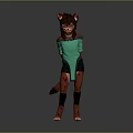 3D Feline Character With Brown Red Fur Green Top And Black Shorts